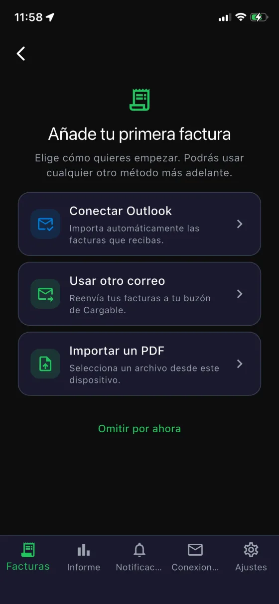 Pantalla de Cargable para añadir la primera factura, con las tres opciones: conectar Outlook, reenviar desde otro correo o importar un PDF.